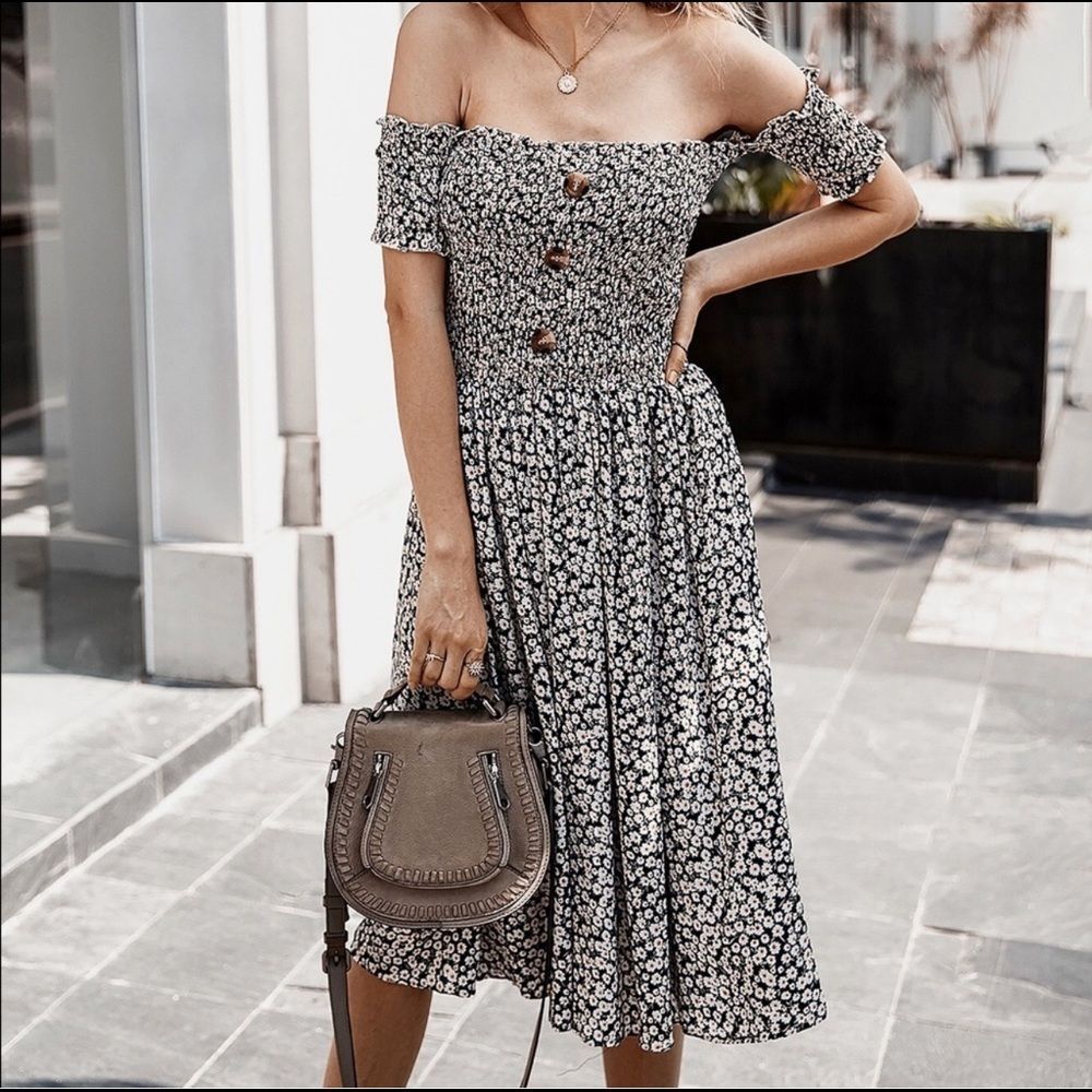 Navy Floral Strapless Dress